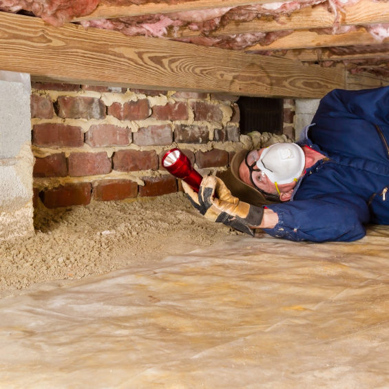 Termite inspector in residential crawl space inspects a sill for termites.